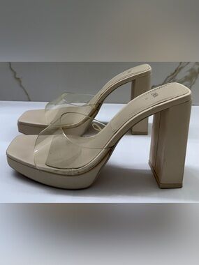 Zara Cream Block Heel Mules with Clear Strap
